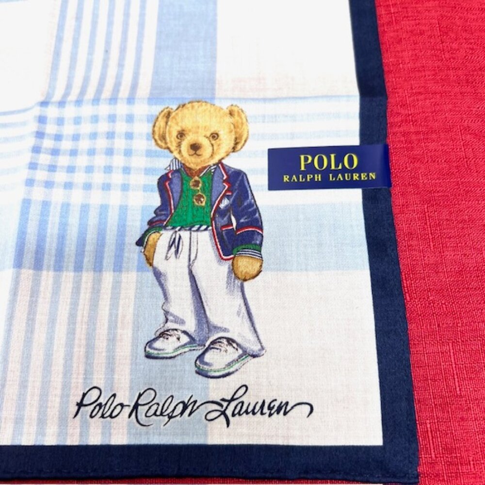 Polo Ralph Lauren Handkerchief/ Bandana 19" white blue check with Bear (82) - Picture 8 of 13